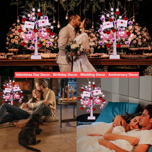 2 LED Lighted Birch Trees with Hearts & Cards,Valentine, Mother’s Day Decor Gift - Picture 4 of 7